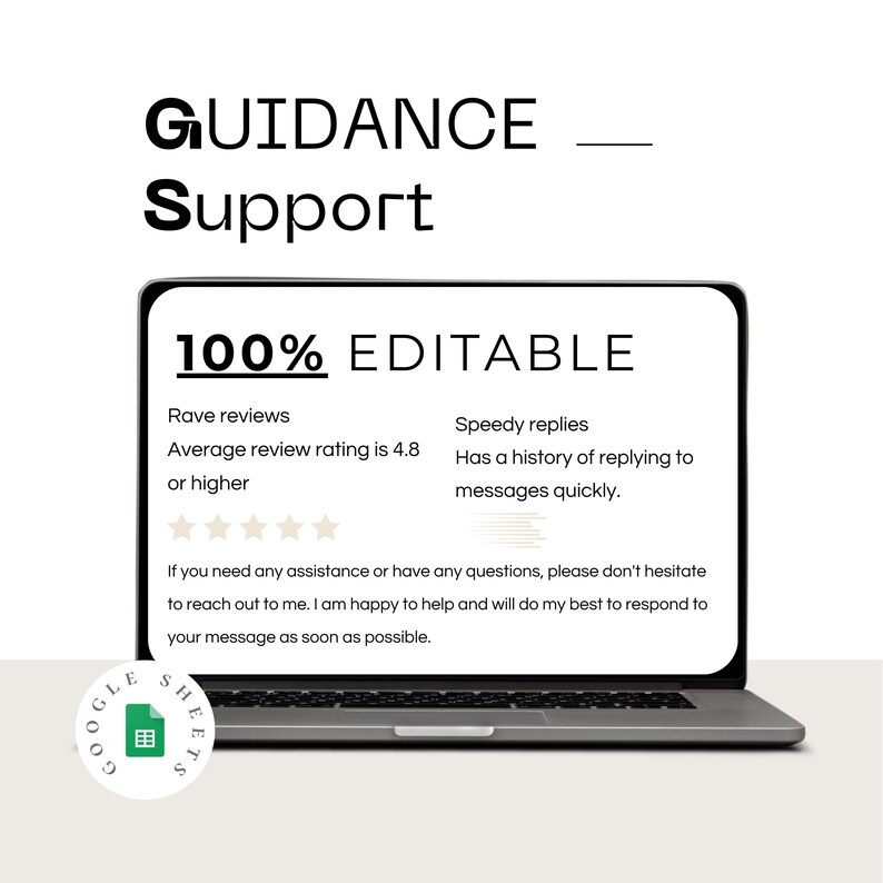 Puede incluir: Un port&aacute;til que muestra el texto "GUIDANCE Support" y "100% EDITABLE". La pantalla muestra informaci&oacute;n sobre rese&ntilde;as entusiastas, una calificaci&oacute;n de 4,8 estrellas y respuestas r&aacute;pidas. Un logotipo de Google Sheets est&aacute; en la esquina inferior izquierda.