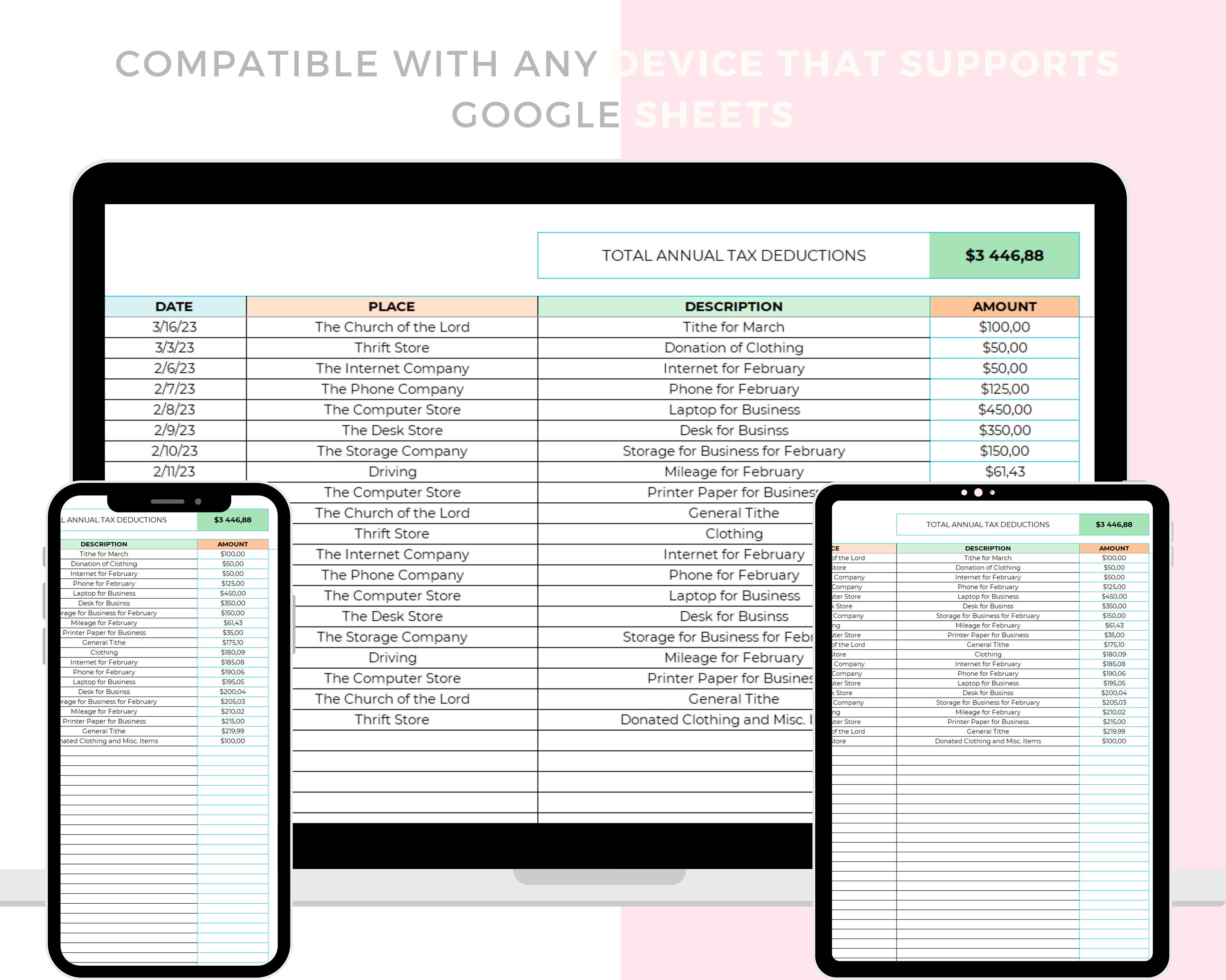Tax Deduction Tracker Excel Spreadsheet, Editable Tax Deductions List