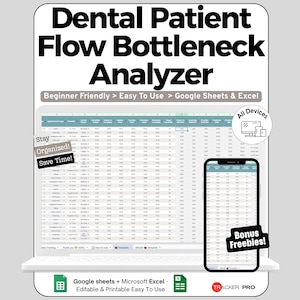 Peut inclure: Un modèle de feuille de calcul numérique Dental Patient Flow Bottleneck Analyzer pour Google Sheets et Excel. L'affichage présente un tableau de données sur un écran d'ordinateur portable et de smartphone avec des étiquettes Beginner Friendly, Easy To Use et Bonus Freebies.