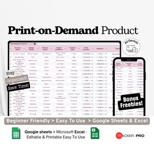 Print-on-Demand Product Tracker Google Excel, POD Platform Listing Log, Sales & Design Sheet, Ecommerce Product Sheet Google Sheets