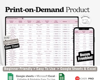 Print-on-Demand Product Tracker Google Excel, POD Platform Listing Log, Sales & Design Sheet, Ecommerce Product Sheet Google Sheets