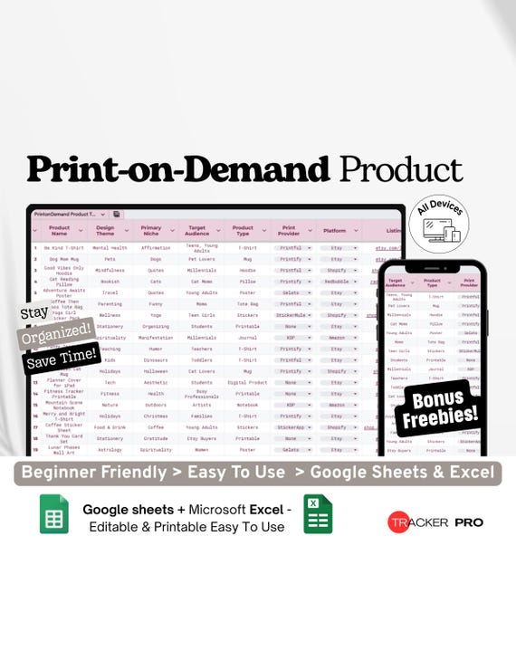 Print-on-Demand Product Tracker Google Excel, POD Platform Listing Log, Sales & Design Sheet, Ecommerce Product Sheet Google Sheets