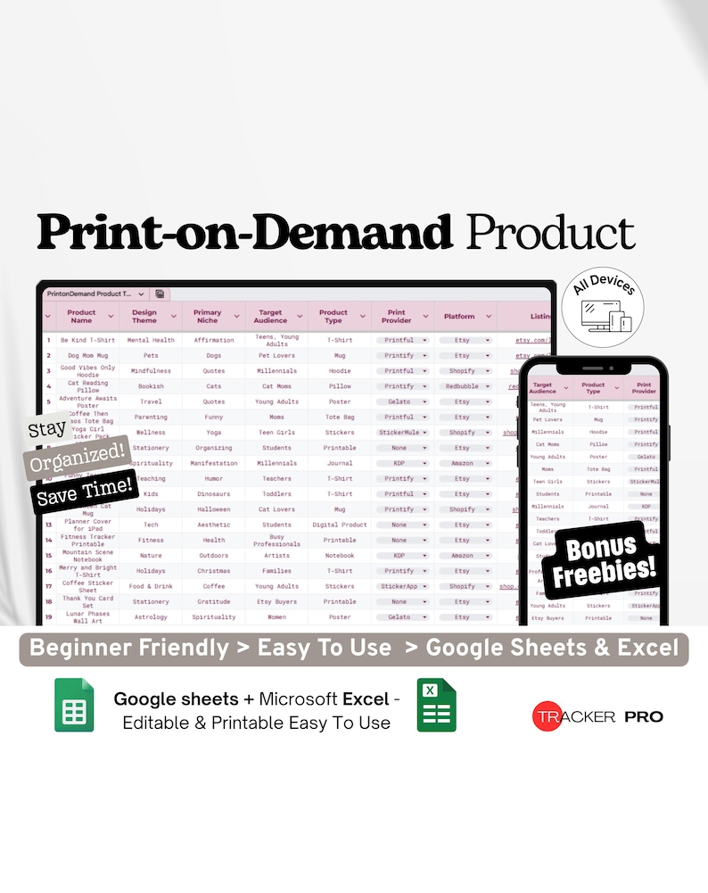 Print-on-Demand Product Tracker Google Excel, POD Platform Listing Log, Sales & Design Sheet, Ecommerce Product Sheet Google Sheets image 1