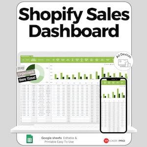 May include: A digital Shopify Sales Dashboard displayed on a laptop and smartphone. The dashboard features green and white charts and data tables. Text includes "Shopify Sales Dashboard", "Stay Organized! Save Time!", and "All Devices".