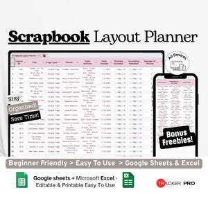 Planificador de diseño de álbumes de recortes de Google Excel, registro de diseño de álbumes de recuerdos, seguimiento de ideas de álbumes de recortes, plantilla de planificador de bocetos de páginas de Google Sheets