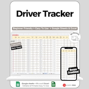 Peut inclure: Une maquette de tableur numérique "Driver Tracker" affichée sur un ordinateur portable et un smartphone. Le modèle est conçu pour Google Sheets et Excel, avec le texte "Beginner Friendly > Easy To Use". Le texte supplémentaire comprend "Stay Organized! Save Time!" et "Bonus Freebies!"