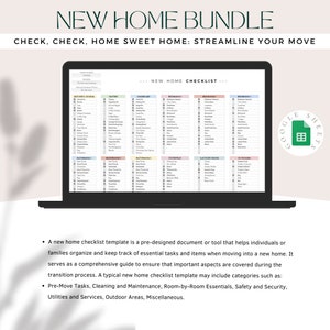 May include: A laptop screen displaying a new home checklist template on Google Sheets. The checklist includes categories such as "Kitchen", "Bathrooms", "Bedrooms", "Entryway", "Laundry Room", and "Outdoors".