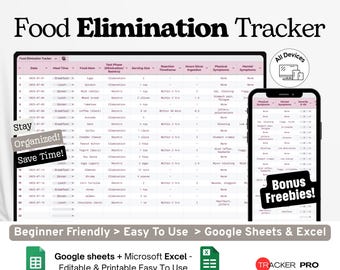 Food Elimination Tracker Google Excel, Diet Allergy Log, Food Reaction Chart, Health Improvement Journal Template Google Sheets