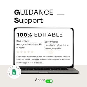 May include: A laptop screen displaying a Google Sheet with the text "GUIDANCE - Support" and "100% EDITABLE". The sheet includes information about rave reviews, speedy replies, and a message about reaching out for assistance. The sheet is labelled "Sheet ON".