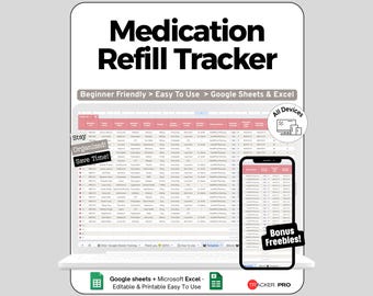 Medication Tracker Spreadsheet Google Sheets Template, Prescription Refill & Dosage Schedule Log, Pharmacy Record and Monthly Cost Summary