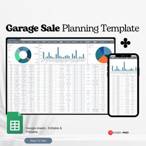 Garage Sale Planning Template Google Sheets,Yard Sale Setup Checklist, Pricing Sheet, Advertising Planner, Garage Sale Tracker Google Sheets