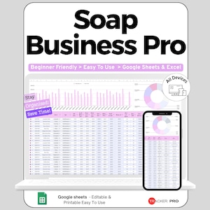 May include: A digital business management tool titled Soap Business Pro, featuring a laptop and smartphone displaying spreadsheets, charts, and data tables. Text includes Beginner Friendly, Easy To Use, Google Sheets & Excel, Stay Organized, Save Time.