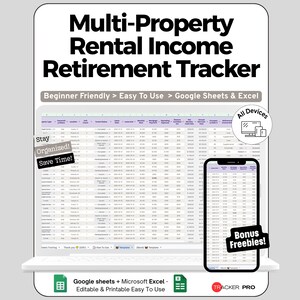 Peut inclure: Un modèle numérique de suivi des revenus locatifs immobiliers pour la retraite, compatible avec Google Sheets et Excel. L'affichage présente une interface de tableur avec des colonnes de données financières, un smartphone et des icônes.