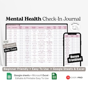Mental Health Check-in Journal (Google Excel), Tägliches Stimmungsprotokoll, Wellness-Tracker-Tabelle, Vorlage für Therapiereflexionen (Google Tabellen)