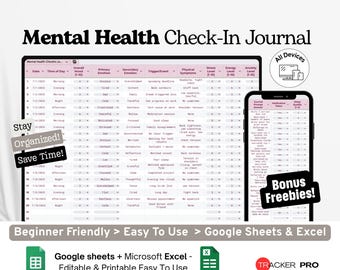 Mental Health Check-In Journal Google Excel, Daily Mood Log, Wellness Tracker Sheet, Therapy Reflection Template Google Sheets