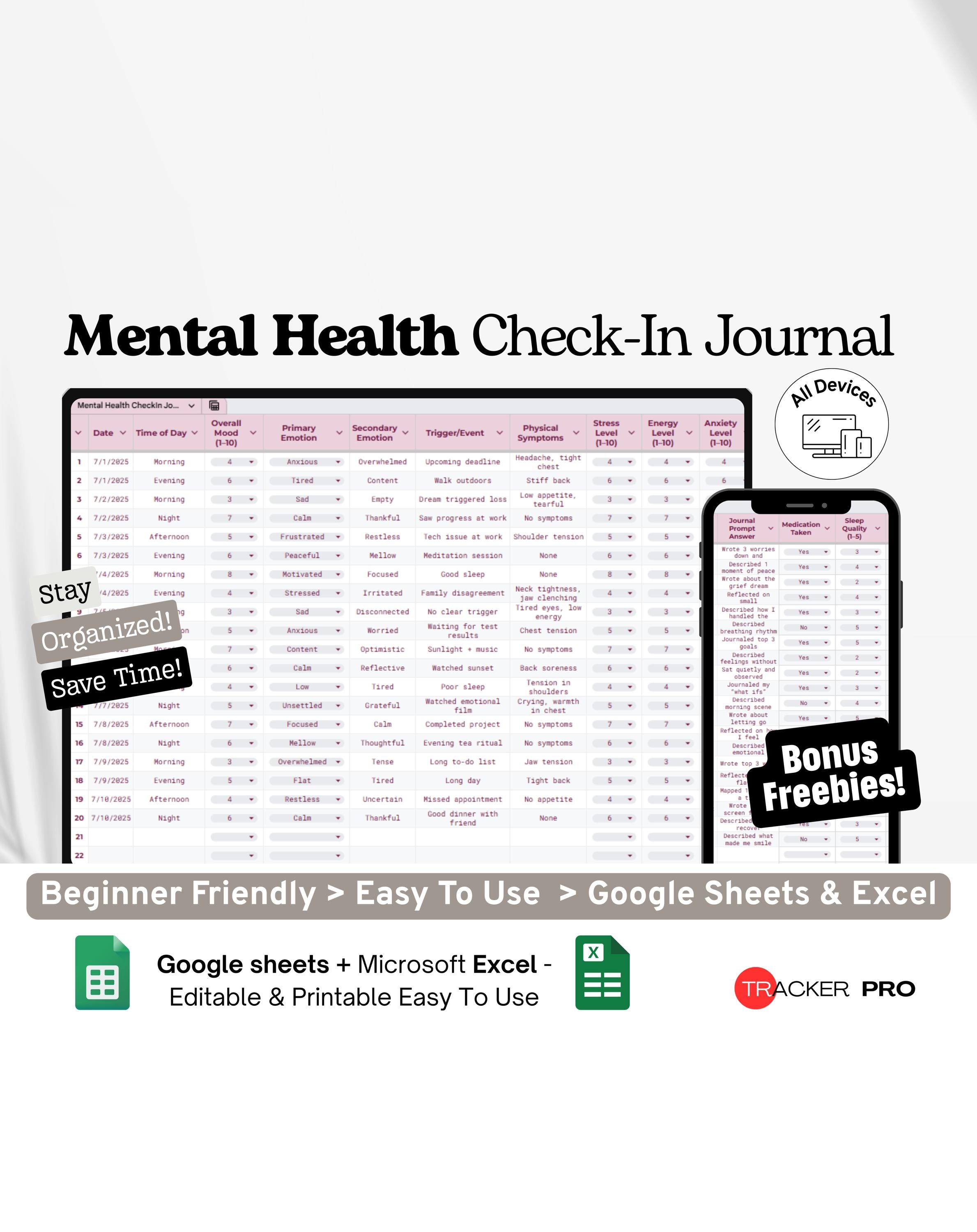 Mental Health Check-in Journal Google Excel, Daily Mood Log, Wellness ...