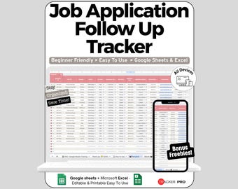 Job Application Tracker Spreadsheet Google Sheets Template, Job Search & Interview Log with Follow Up Dates, Recruiter Contact Organizer
