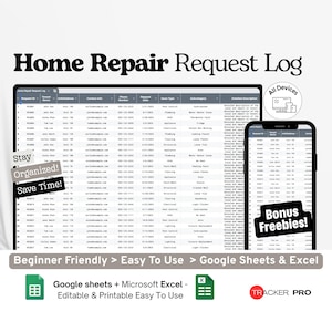Home Repair Request Log for Renters Google Excel, Maintenance Request Tracker, Landlord Contact Sheet, Rental Issues Spreadsheet