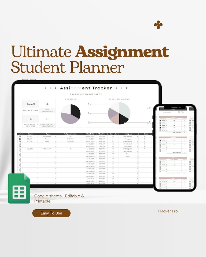 Assignment Tracker Google Sheets Excel Spreadsheet Template | Homework ...