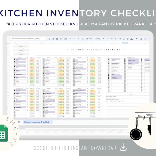 Kitchen Inventory Template, Pantry Inventory Spreadsheet List, Freezer Kitchen Supplies, Spice Refrigerator Food Checklist Excel Planner