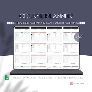 Peut inclure: Un modèle de planificateur de cours numérique pour Google Sheets. Le modèle est conçu pour aider les utilisateurs à organiser leurs cours, à suivre leurs progrès et à gérer leur charge de travail. Le modèle comprend des sections pour chaque semestre, avec des colonnes pour le nom du cours, le code du cours, l'instructeur, les crédits et la note. Le modèle comprend également une section pour le nombre total de crédits et une section pour le total des points de note.