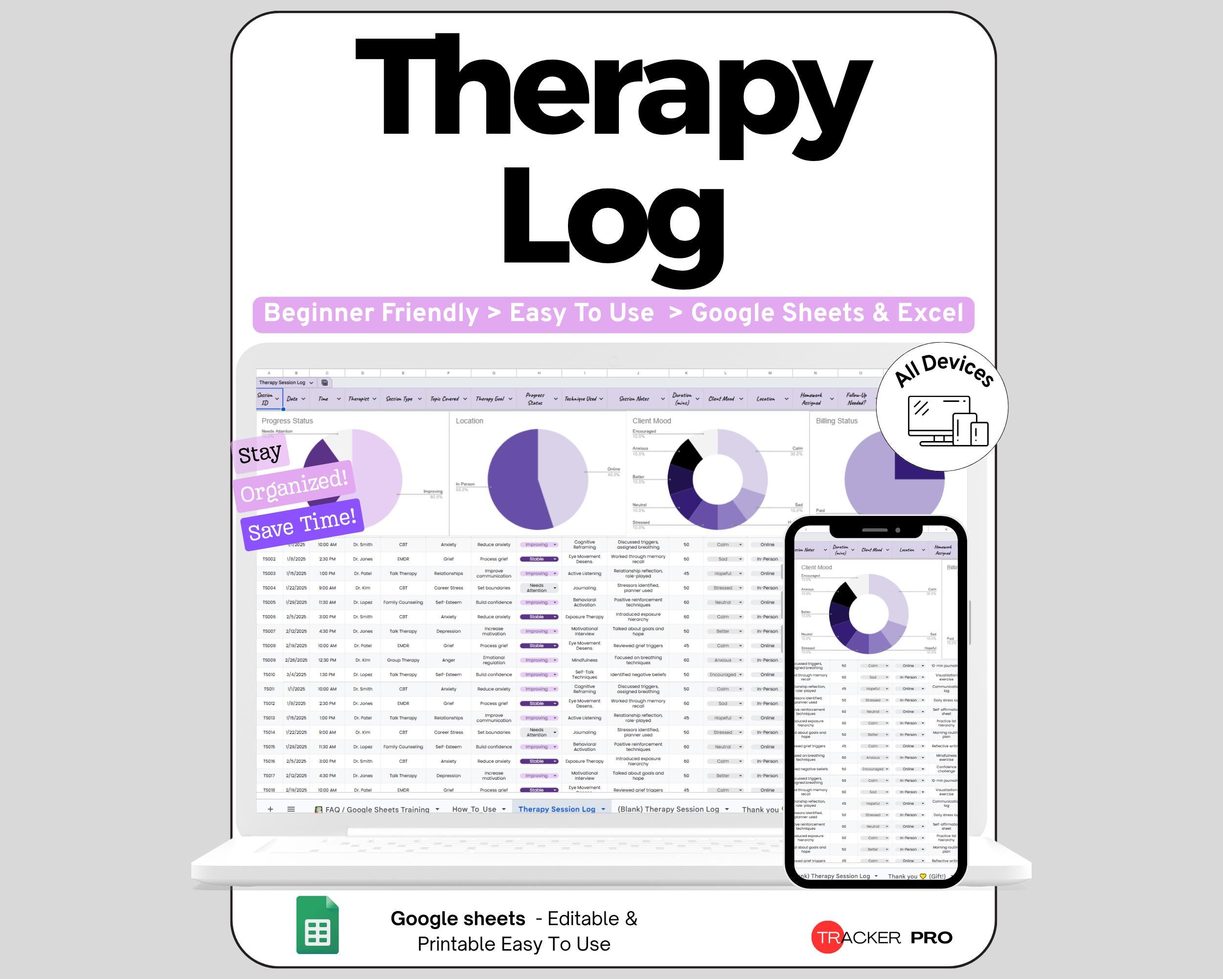 Therapy Session Log Google Sheets, Mental Health Notes Journal Template, Counseling Appointment Tracker Spreadsheet for Therapists Sheet