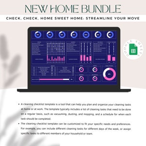 May include: A laptop screen displaying a Google Sheets spreadsheet with a blue background and pink progress bars. The spreadsheet is titled "New Home Bundle: Check, Check, Home Sweet Home: Streamline Your Move". The spreadsheet includes a checklist template for organizing cleaning tasks.