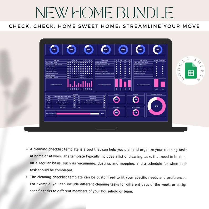 May include: A laptop screen displaying a Google Sheets spreadsheet with a blue background and pink progress bars. The spreadsheet is titled "New Home Bundle: Check, Check, Home Sweet Home: Streamline Your Move". The spreadsheet includes a checklist template for organizing cleaning tasks.