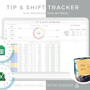 Tipps-Tracker-Tabelle, Trinkgeldprotokoll, Finanzplaner, Kellner, Kellnerin-Server-Steuerformulare, digitale Dateitabelle, sofortiger Download