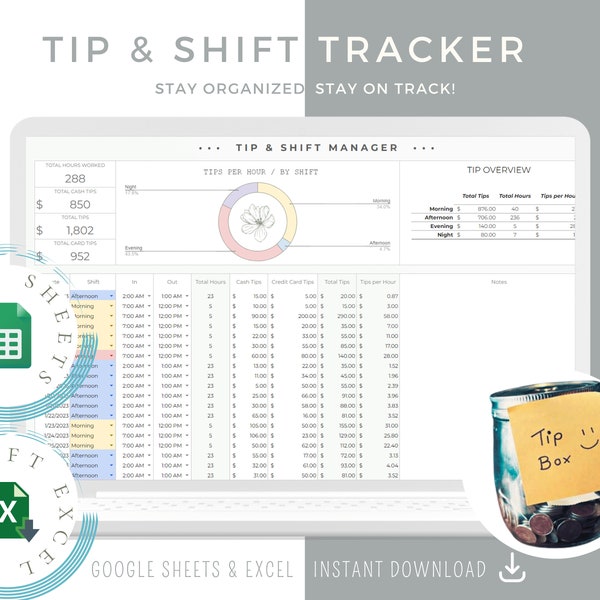 Tips Tracker Spreadsheet , Gratuity Log, Financial Planner, Waiter, Waitress Server Tax Forms Digital File Chart, Instant Download