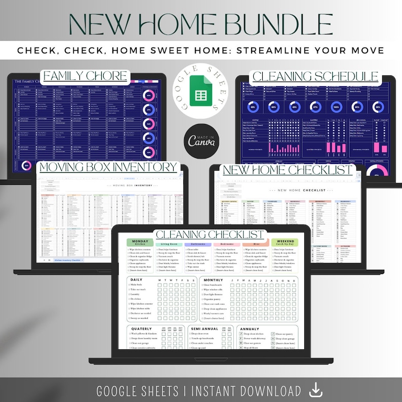 May include: A digital download bundle of Google Sheets templates for moving and home organization. The bundle includes checklists for family chores, moving box inventory, cleaning schedules, and a new home checklist. The templates are designed in a modern style with a blue and pink color scheme.