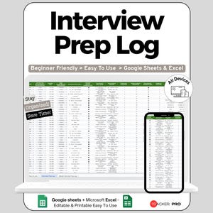 Puede incluir: Un registro digital de preparación para entrevistas que se muestra en una computadora portátil y un teléfono inteligente. El registro está diseñado para Google Sheets y Excel, y es fácil de usar. El texto incluye "Interview Prep Log", "Stay Organized! Save Time!" y "All Devices".