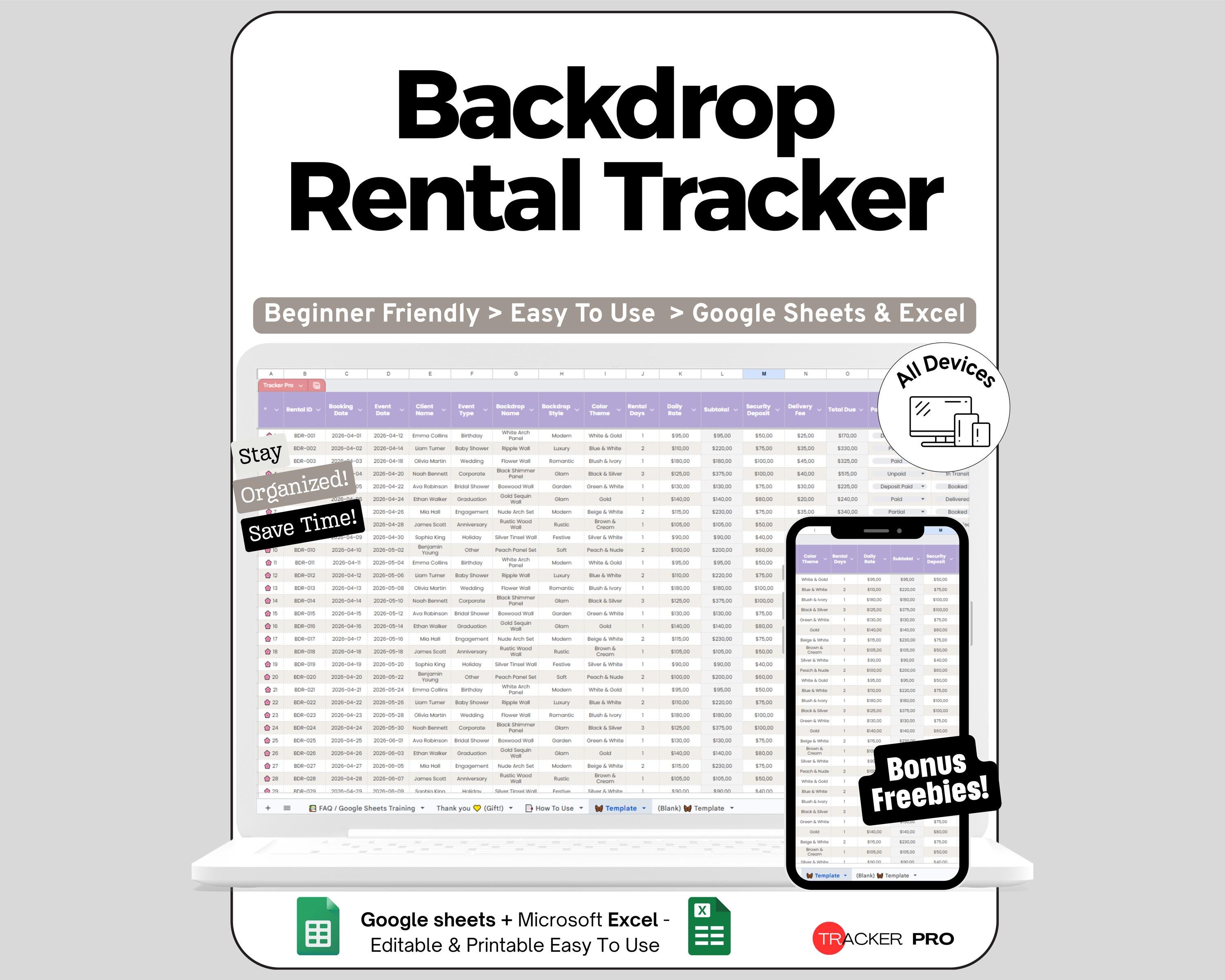 Backdrop Rental Tracker Google Sheets, Rental Business Template Excel ...