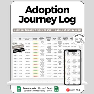 Puede incluir: Un registro digital de viaje de adopción que se muestra en una computadora portátil y un teléfono inteligente. El registro está diseñado para Google Sheets y Excel, y es fácil de usar para principiantes. El texto de la imagen dice "Adoption Journey Log".