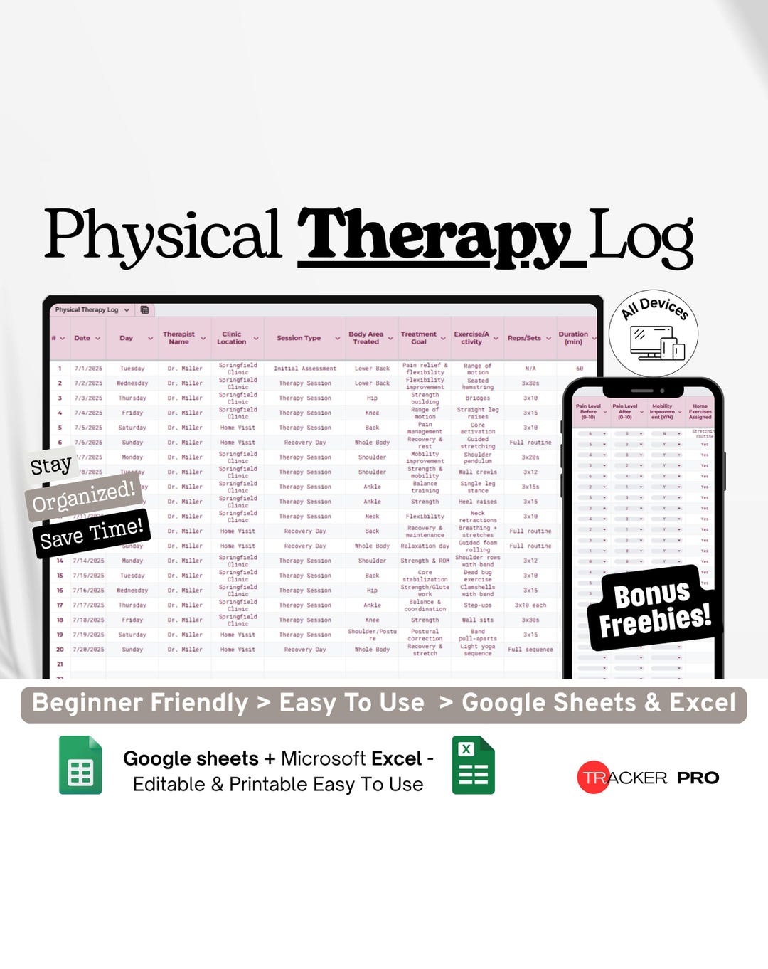 Physical Therapy Log Google Excel, Exercise Session Tracker, Rehab ...