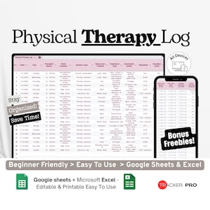 Dziennik fizjoterapii w Google Excel, śledzenie sesji ćwiczeń, arkusz postępów rehabilitacji, dziennik wizyt u fizjoterapeuty, arkusze Google dotyczące powrotu do zdrowia
