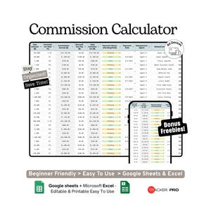 Commissiecalculator Tracker Google Sheets-sjabloon (spreadsheet met verkoopcommissie, inkomsten en winstlogboeken voor bedrijven en makelaars)
