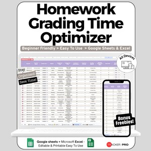 Peut inclure: Image d'un produit numérique avec le texte "Homework Grading Time Optimizer". L'image montre une feuille de calcul sur un ordinateur portable et un smartphone, avec les mots "Stay Organized!" et "Save Time!" à l'écran. Le produit est pour Google Sheets et Excel.