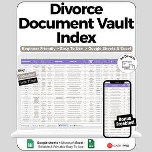 Peut inclure: Un modèle de feuille de calcul numérique Divorce Document Vault Index pour Google Sheets et Excel. L'interface affiche des colonnes pour les catégories de documents, les emplacements de stockage et les liens de fichiers. Inclut une vue mobile et des icônes.