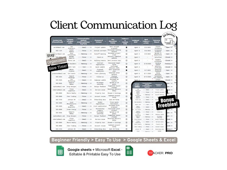 Client Communication Log Google Sheets Template (client Calls, Emails ...