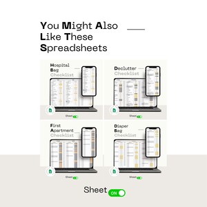 May include: Four different checklists displayed on laptop screens. The checklists are for a hospital bag, decluttering, a first apartment, and a diaper bag. The text "You Might Also Like These Spreadsheets" is at the top of the image. The word "Sheet" is at the bottom of the image with a toggle switch that is turned on.