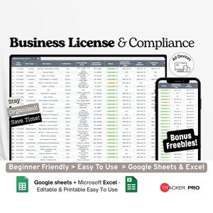 ビジネスライセンスとコンプライアンスチェックリスト Google Excel、規制タスクトラッカー、法的ファイリングログ、中小企業ライセンス Google スプレッドシート