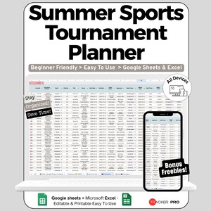 Planificador de torneos (hoja de cálculo para Google Sheets y Excel), calendario de deportes juveniles y panel de control de presupuesto (editable).