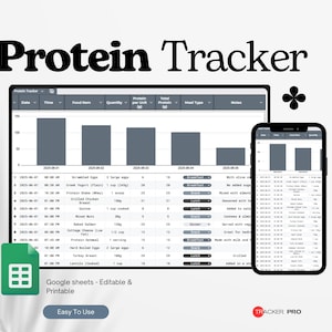 May include: A digital protein tracker displayed on a tablet and smartphone. The tablet shows a detailed spreadsheet with food items and protein values. The text "Protein Tracker" is at the top, with "Google sheets - Editable & Printable" and "Easy To Use" at the bottom.