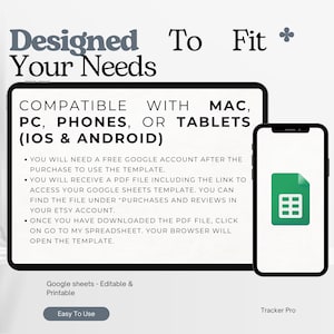 May include: A digital product advertisement featuring a tablet and a smartphone. The tablet displays text: "Designed To Fit Your Needs" and "Compatible with Mac, PC, Phones, or Tablets (IOS & Android)." The smartphone shows a green spreadsheet icon. Text includes "Google sheets - Editable & Printable."