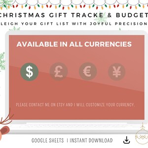 May include: A laptop screen displays "CHRISTMAS GIFT TRACKE & BUDGET" with currency symbols for USD, GBP, EUR, and JPY. The text "AVAILABLE IN ALL CURRENCIES" is above the symbols. Festive decorations include snowflakes, ornaments, and string lights.