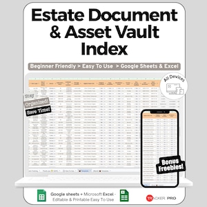 Estate Document Organizer Spreadsheet for Google Sheets and Excel Will Trust Beneficiary Asset Vault Tracker