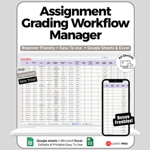 Peut inclure: Un gestionnaire numérique de flux de travail de notation des devoirs affiché sur un ordinateur portable et un smartphone. Le texte indique "Assignment Grading Workflow Manager" et "Beginner Friendly > Easy To Use > Google Sheets & Excel". Le smartphone affiche "Bonus Freebies!"