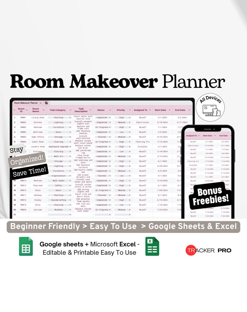 Room Makeover Planner Google Excel, Interior Design Budget Sheet, DIY ...