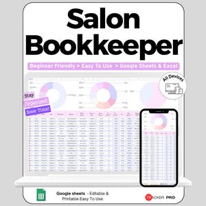 Szablon księgowości salonu w Arkuszach Google, Arkusz kalkulacyjny przychodów i wydatków fryzjera, Księgowość i śledzenie napiwków dla najemców stoisk, Dziennik cyfrowy